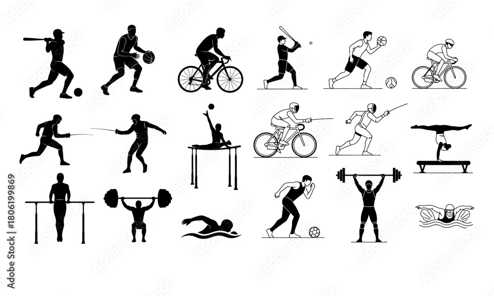 Naklejka premium Collection of diverse sport activities and athletes silhouettes for various designs