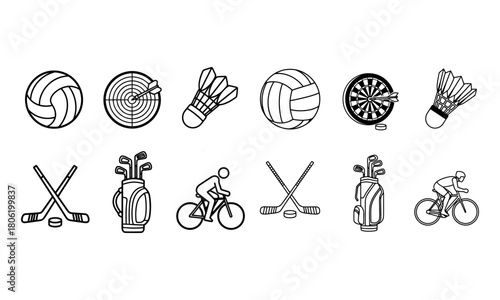 Sport equipment outline icon set. volleyball, darts, badminton, hockey, golf, cycling.