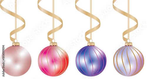 Four colorful christmas ornaments hanging with golden spiral ribbons
