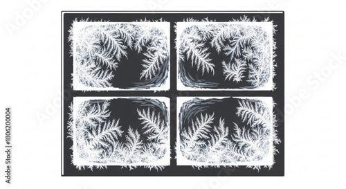 A frosty window with intricate ice patterns, creating a winter wonderland scene, isolated on the cold beauty of natures art on glass