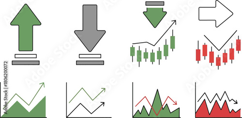 Stock market trend icons, green and red arrows and charts isolated on