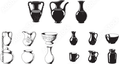 Collection of Black and White Ceramic Vessels and Pottery Keywords: ceramic, pottery, vase, jug