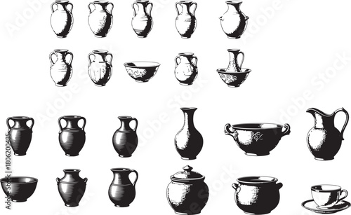 Collection of Black and White Illustrations of Ancient Pottery