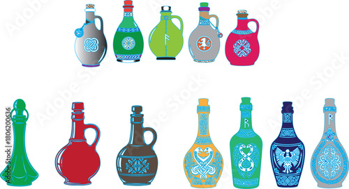Colorful Collection of Twelve Viking Era Bottles and Jugs