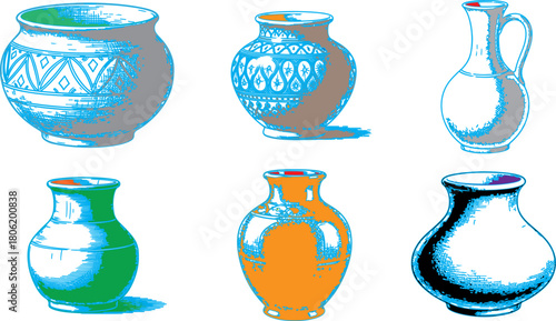 Colorful Pop Art Style Illustrations Of Pottery Vessels