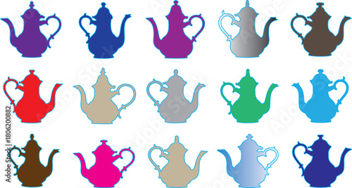 Fifteen colorful teapots with blue outlines and gradients