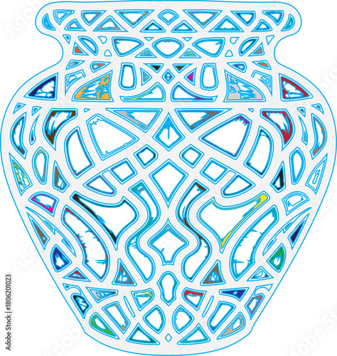 Ornate Geometric Patterned Vase with Colorful Inclusions