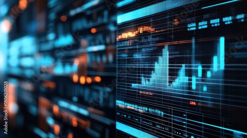 A close up of a screen displaying digital information and data with blue and orange highlights