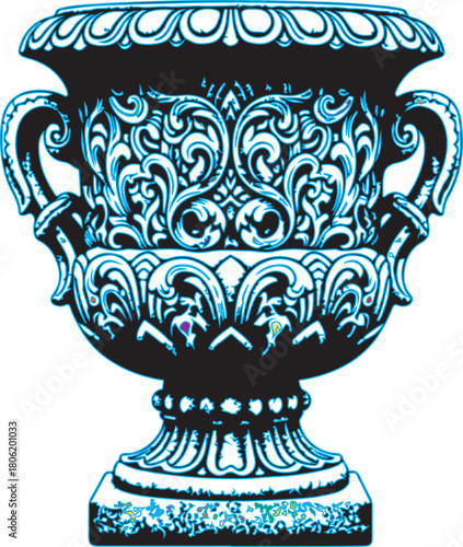 Ornate Black and Blue Decorative Urn With Swirls vase