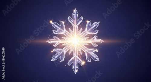A crystal snowflake with a bright light in the center isolated on dark blue background, winter holiday season decoration and festive symbol