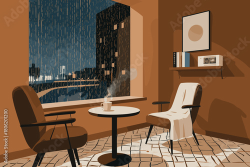 Cozy indoor retreat on a rainy evening, inviting armchairs and warm drink offer comfort, calm, and relaxation in a modern minimalist setting