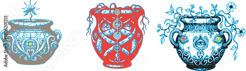 Trio of Stylized Decorative Vases with Symbolic Elements