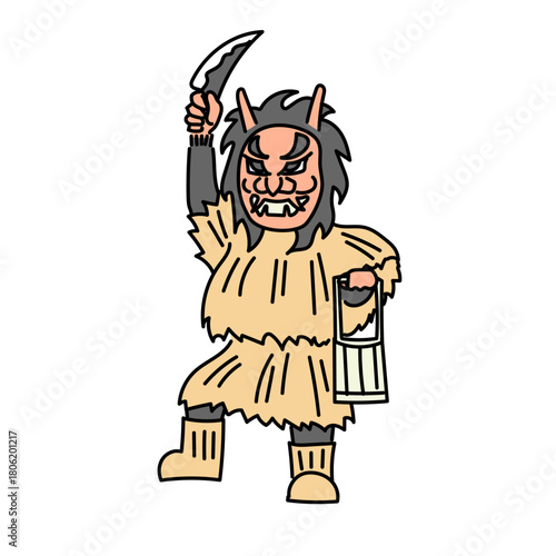 秋田の伝統行事であるなまはげを特徴的な仮面とわら装束で描いたベクターイラスト｜白背景に独立して配置された民俗文化の雰囲気を分かりやすく表現した素材
