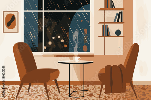 Cozy atmosphere indoors with armchairs, coffee, and a rainy view from the window inviting relaxation and contemplation on a peaceful day indoors