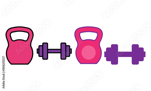Pink kettlebell and purple dumbbell vibrant fitness workout gym icon set