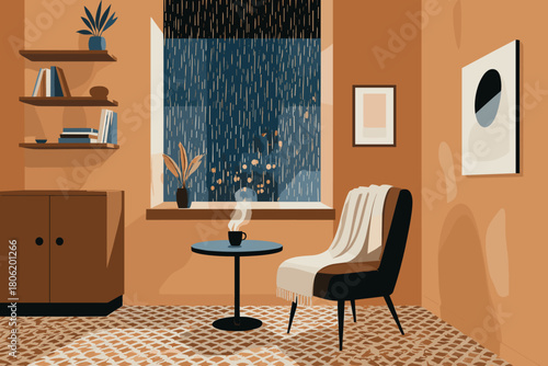 Cozy indoor scene with rain falling outside the window, inviting warm light, calm atmosphere, perfect for relaxing, reading, or quiet reflection at home