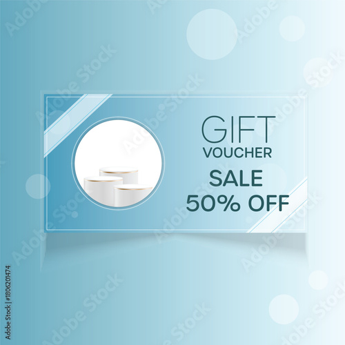 Gift Voucher Design Template with 50% Sale Discount and Modern Product Display Podium , Ideal for Beauty and Fashion Promotions