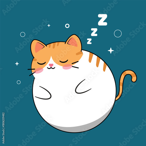 Cute Sleeping Cat Illustration: Adorable Orange and White Feline Napping Peacefully with ZZZ Bubbles on a Serene Blue Background, Perfect for Relaxation and Sweet Dreams Concepts.