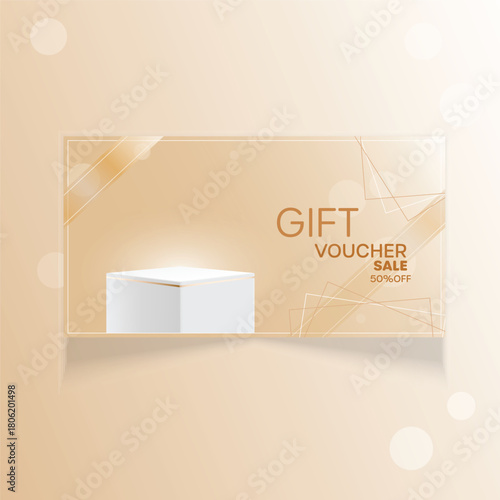 Gift Voucher Design Template with 50% Sale Discount and Modern Product Display Podium , Ideal for Beauty and Fashion Promotions