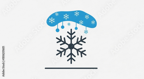 Stylized snowflake icon beneath a cloud with falling snowflakes isolated on, representing winter weather, snow, and the festive holiday season