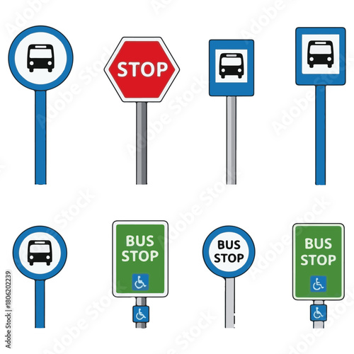 Collection of Public Transportation, Stop, and Accessibility Signs, including Circular, Square, and Octagonal Road Icons on Poles