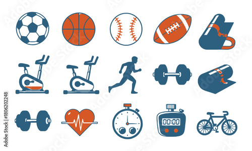 Sport and fitness activity icons: balls, gym equipment, runner, and stopwatch