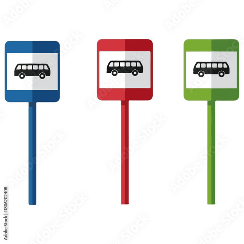 Collection of Public Transportation, Stop, and Accessibility Signs, including Circular, Square, and Octagonal Road Icons on Poles