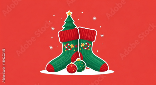 Festive christmas stockings filled with a decorated tree and ornaments, creating a joyful holiday scene on a vibrant red background