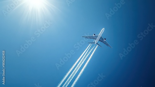 Airplane flying in a clear blue sky leaving white contrails behind with the sun shining brightly above