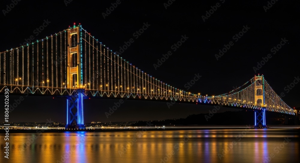 Fototapeta premium Stunning cityscape view of a brightly lit suspension bridge at night reflecting on the water perfect for travel and scenic backgrounds