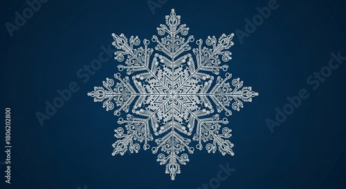 Macro shot of a beautiful snowflake with intricate details on a dark blue background, showcasing the unique and delicate structure of frozen water crystals