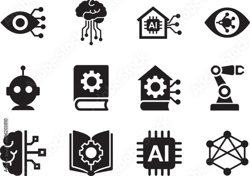 Silhouette AI icon set, modern technology symbols for digital, web, and app projects.