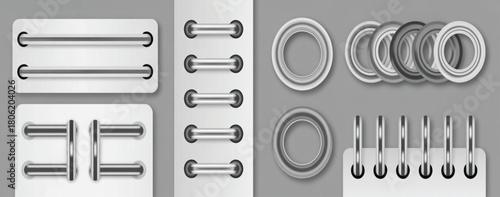 Vector set of metallic binding components featuring various adjustable parts and fasteners for industrial applications
