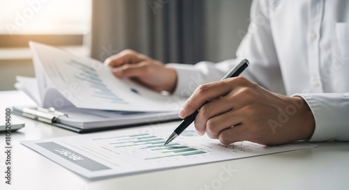 Profits Chart Analysis and Business Documents Being Analyzed by Professional Person at Desk with Pen in Hand in Light Office Setting Interior