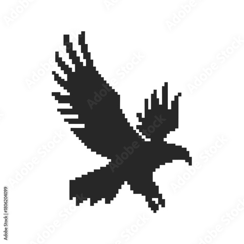 Pixelated Eagle Illustration, Black Bird in Flight on White Background