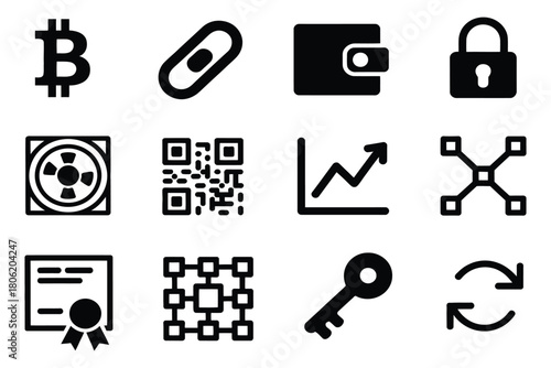 black crypto icons set of 12, solid vector collection for blockchain, digital currency, tech finance, cryptocurrency platforms, fintech apps, and modern financial technology branding.