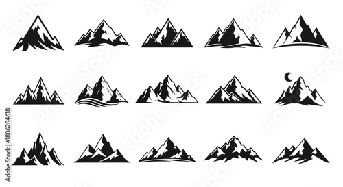 Collection of mountain illustrations in black and white for graphic design projects