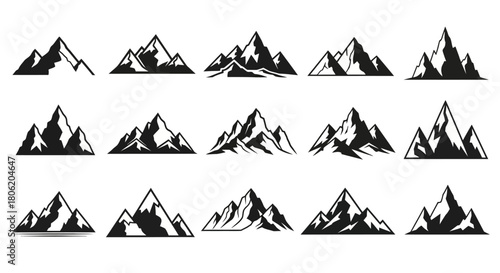 Collection of mountain silhouette shapes for logos badges and outdoor adventure designs