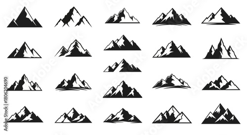 Collection of mountain silhouette illustrations for logos and design elements on white