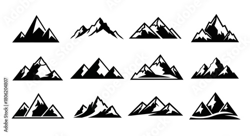 Set of twelve mountain silhouette icons for outdoor adventure and nature designs