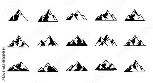 Collection of black and white mountain range silhouette vector illustrations