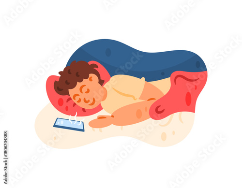 Illustration of a man sleeping while listening to music from his smartphone. Close to his phone while sleeping. Sleeping in bed. Activities and people. Flat style character design. White background.