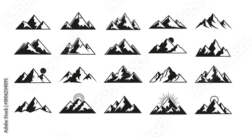 Collection of black and white mountain range vector illustrations for design