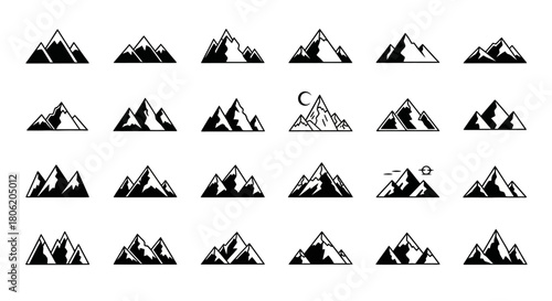 Collection of mountain icons in black and white for logo design and illustration