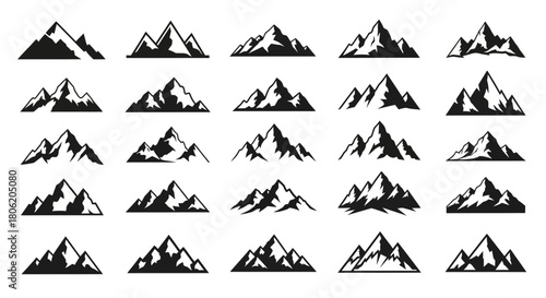 Collection of mountain silhouettes in black and white for logos and designs