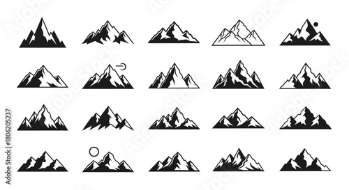 Collection of mountain peak silhouettes for outdoor adventure and nature illustration