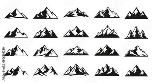 Collection of mountain silhouette illustrations for outdoor adventure and nature enthusiasts