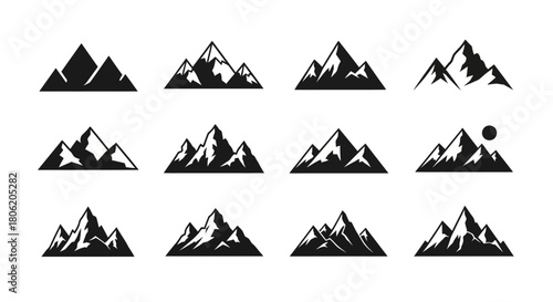 Set of twelve mountain range silhouette icons for outdoor adventure designs and logos