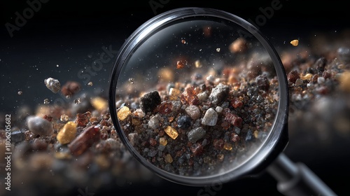 Microscopic closeup of mineral granules and metallic ore particles under magnifying glass for geology research and scientific texture background