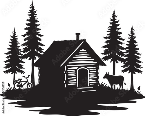 silhouette of a farm house in a forest